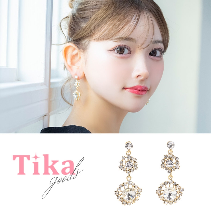 大小ビジュー2連チャームピアス 韓国アクセサリー ピアス | Tika | 詳細画像1 