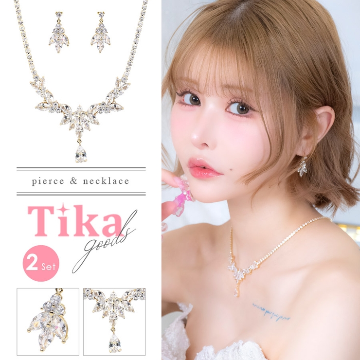 リーフカットポイントビジューピアス＆ネックレスセット リーフモチーフ | Tika | 詳細画像1 