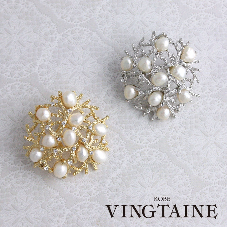 淡水パールラウンドブローチ ミディアム ブランチ風 | VINGTAINE | 詳細画像1 