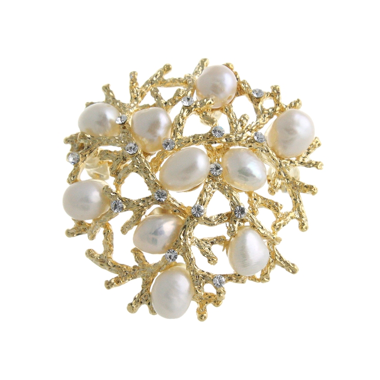 ゴールド | 淡水パールラウンドブローチ ミディアム ブランチ風 | VINGTAINE