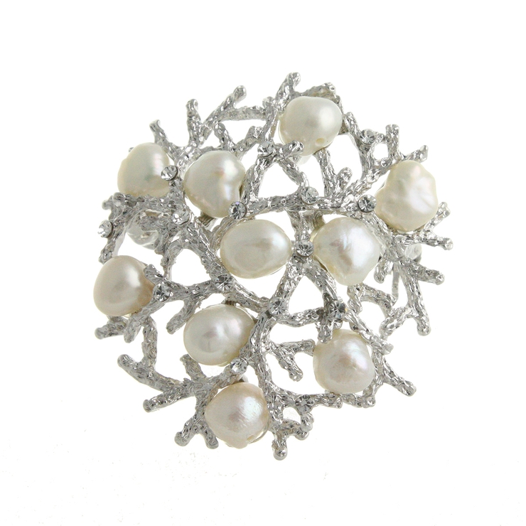 シルバー | 淡水パールラウンドブローチ ミディアム ブランチ風 | VINGTAINE
