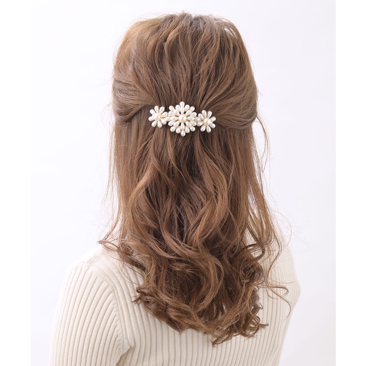 パール調フラワーバレッタ/お花/ヘアアクセサリー/結婚式/二次会 H-552