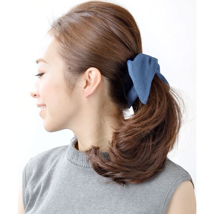 ブルー】デニムクロスリボンバナナクリップ ヘアアクセサリー シンプル