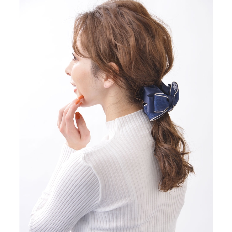 ネイビー | 麻風センターリボンバンスクリップ ヘアクリップ オフィス | VINGTAINE
