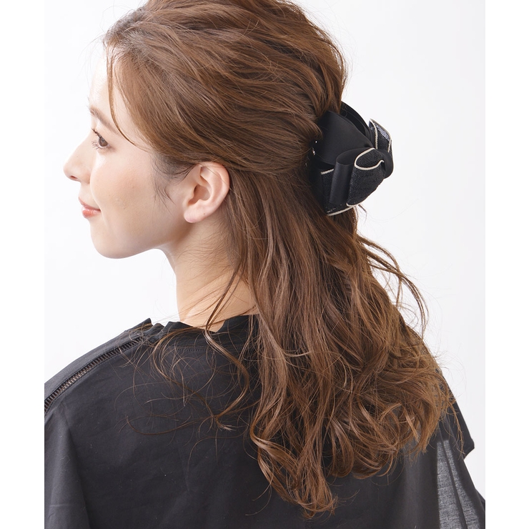 ブラック | 麻風センターリボンバンスクリップ ヘアクリップ オフィス | VINGTAINE