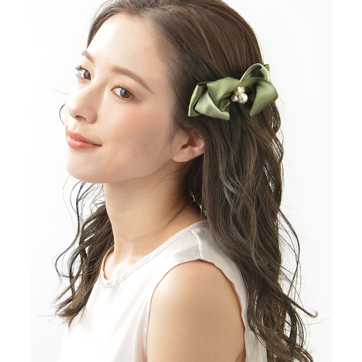 グリーン | パールビジュー付きリボンバレッタ ツートーン 上品 | VINGTAINE