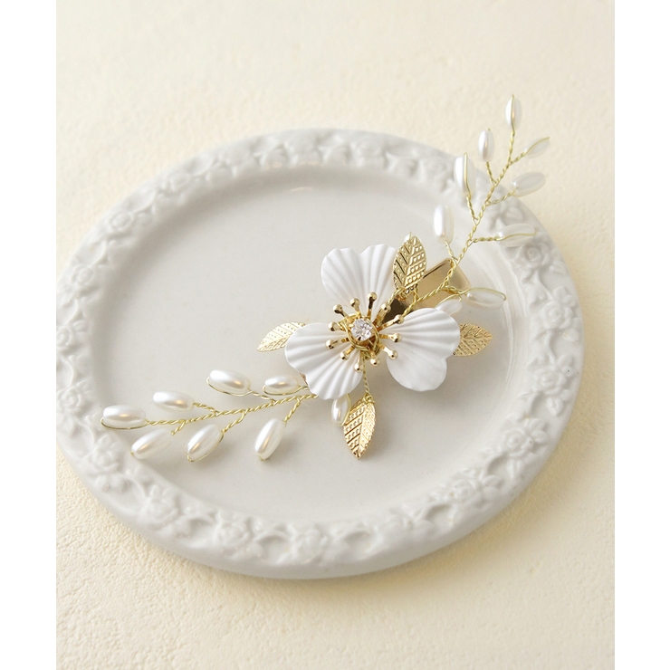 フラワーヘアクリップ パール調ビーズ ゴールドリーフ | VINGTAINE | 詳細画像5 