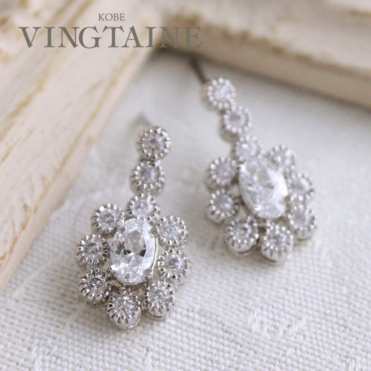 オーバル型ビジューピアス キュービックジルコニア ステンレスポスト | VINGTAINE | 詳細画像1 