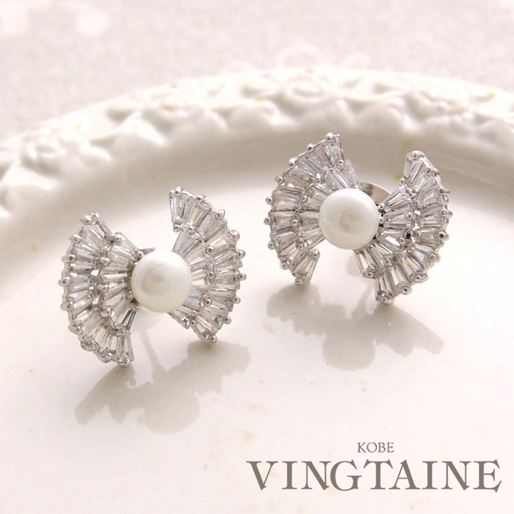 パール×ビジューリボンピアス キュービックジルコニア 可愛い | VINGTAINE | 詳細画像1 