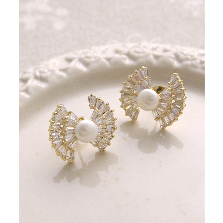 パール×ビジューリボンピアス キュービックジルコニア 可愛い | VINGTAINE | 詳細画像9 