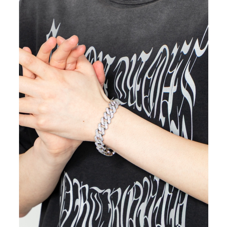 シルバー | Mラインストーンキューバンチェーンブレス | WEGO【MEN】