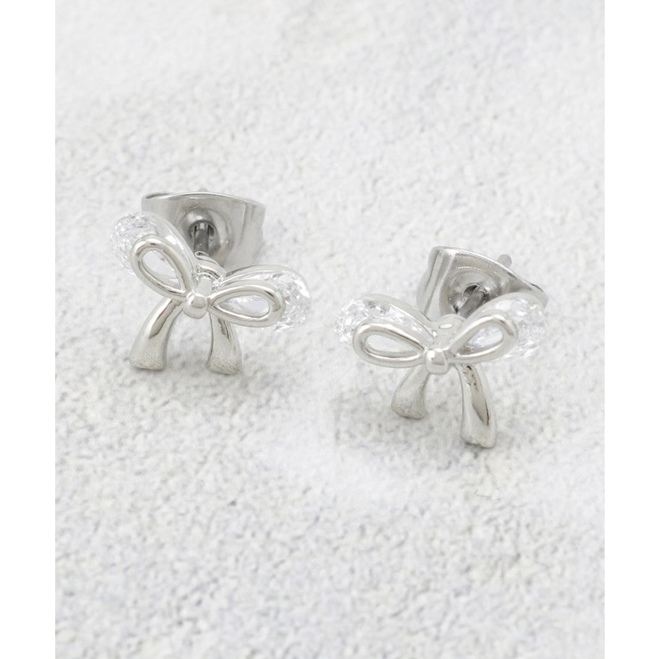 シルバー(006) | ビジュー×メタルリボンミニピアス | OPAQUE.CLIP