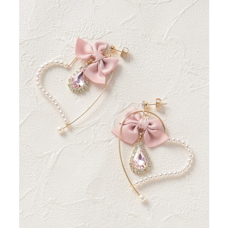 ハートピアス 地雷 量産 パール 病み 韓国 ハート 地雷.量産型風 リボン×淡水パール×BIGハート 大ぶりピアス/イヤリング