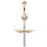 ピンクゴールド | ヘソピアス CZパヴェ クロスウィングダングル バナナバーベル 14G | ピアス専門店HOMESLICEPRODUCTIONS