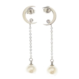 シルバー | ムーン＆イミテーションパール ロングチェーン ステンレスピアス | ピアス専門店HOMESLICEPRODUCTIONS