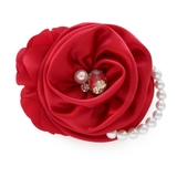 レッド | パール＆ビジューストーン付き サテンローズモチーフサイドフラワー コサージュ | Jewel vox