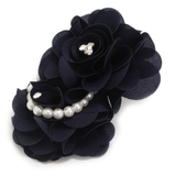 ネイビー | パール＆ストーン付き ダブル立体フラワー コサージュ | Jewel vox