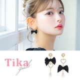 ブラック | ドロップパールハートモチーフリボンピアス 韓国アクセサリー ピアス | Tika