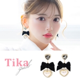 ベロアリボン×パールハートビジューピアス 韓国アクセサリー ピアス | Tika | 詳細画像1